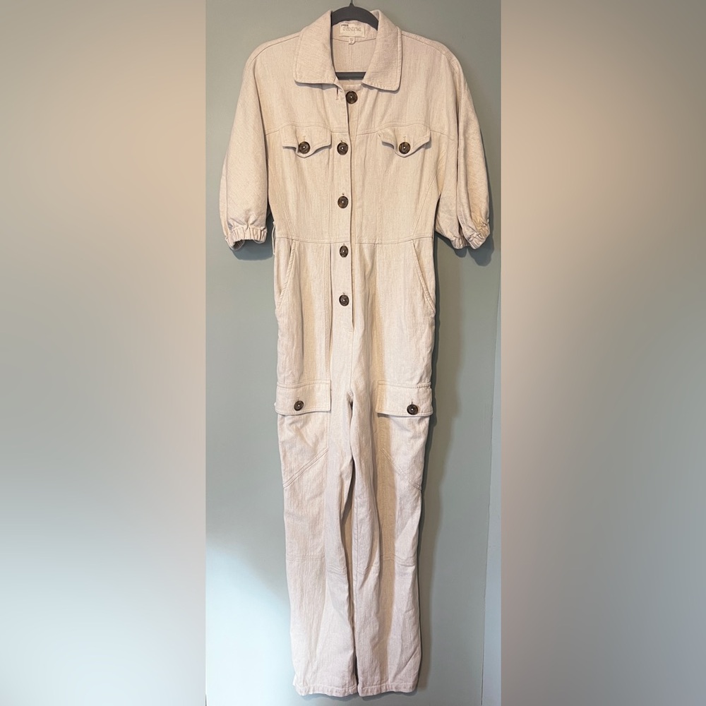 Divine Heritage Princess Cotton Linen Cargo Puff Sleeve Jumpsuit‎ Tan Size Small - Picture 5 of 11